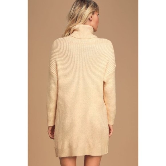 Charming Cream Ribbed Turtleneck Sweater Dress - Picture 5 of 8